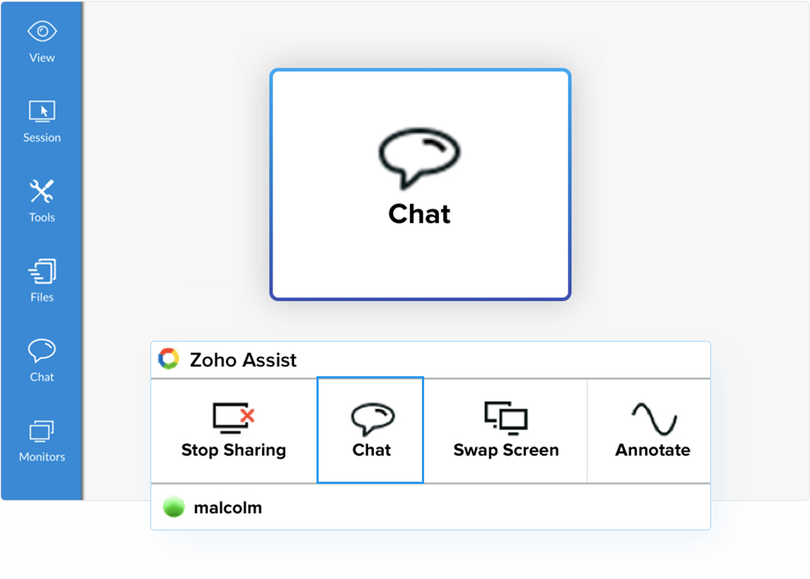 通过 Mac 远程桌面即时聊天 - Zoho Assist 标题：通过 Mac 远程桌面即时聊天 