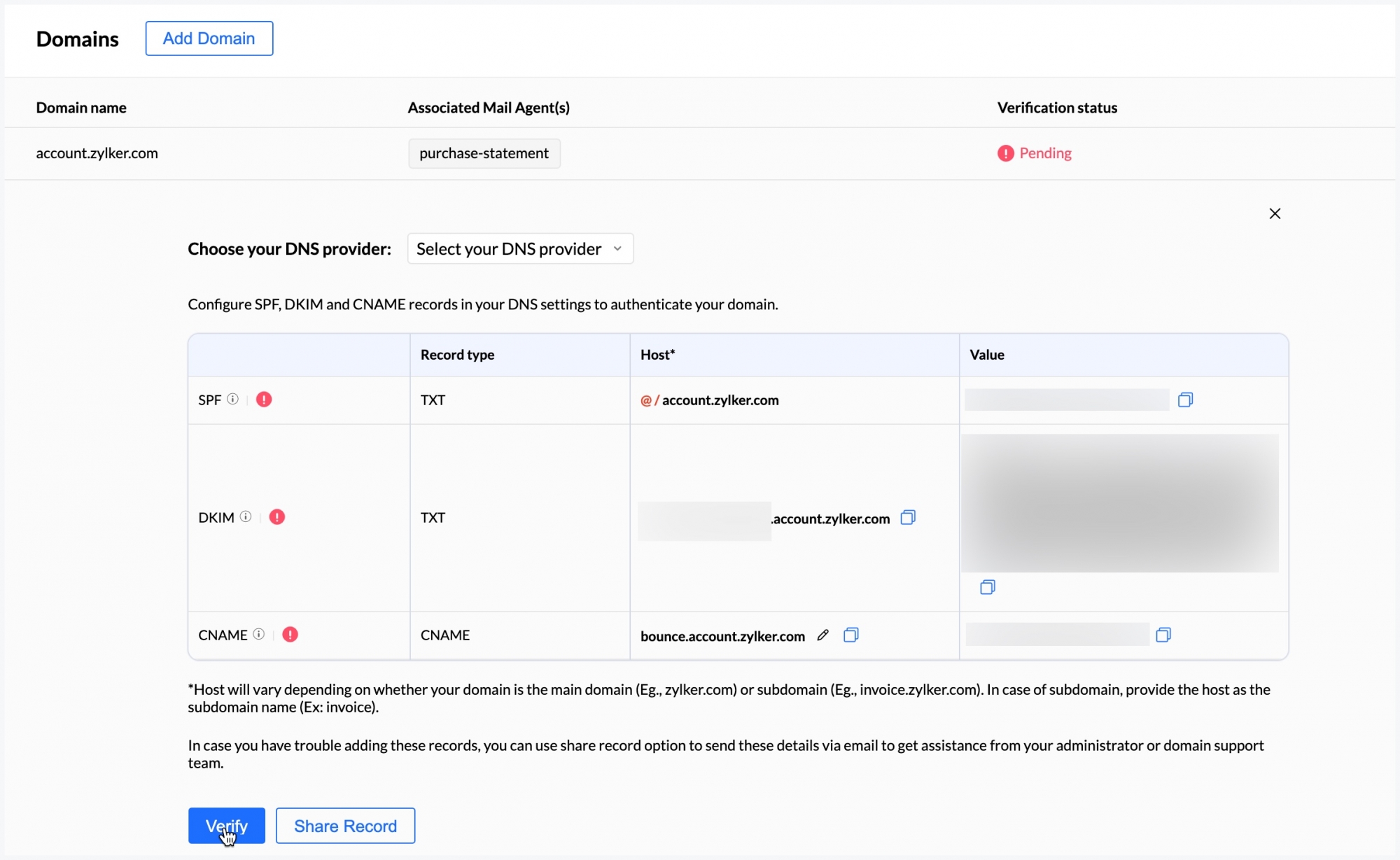 验证您的域记录