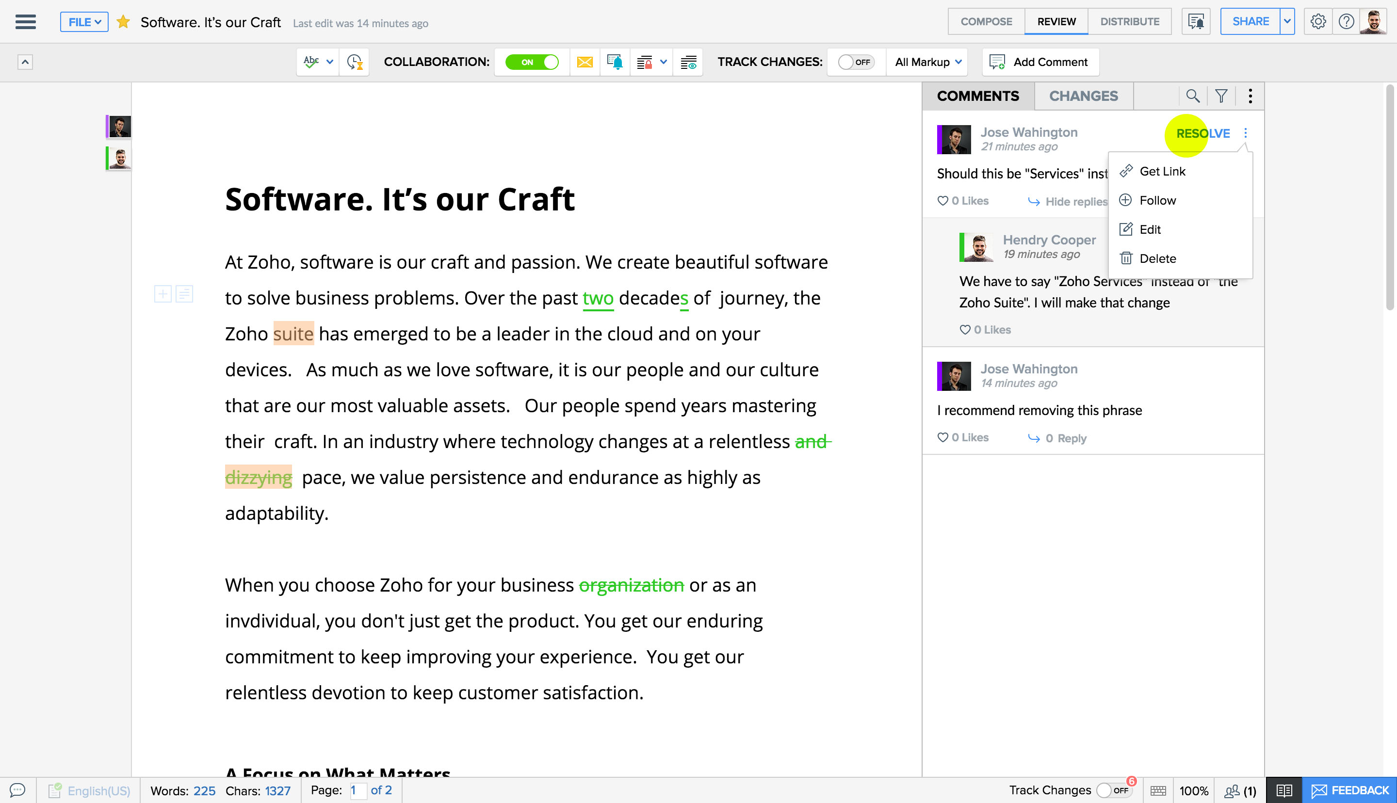 Resolve/delete comment