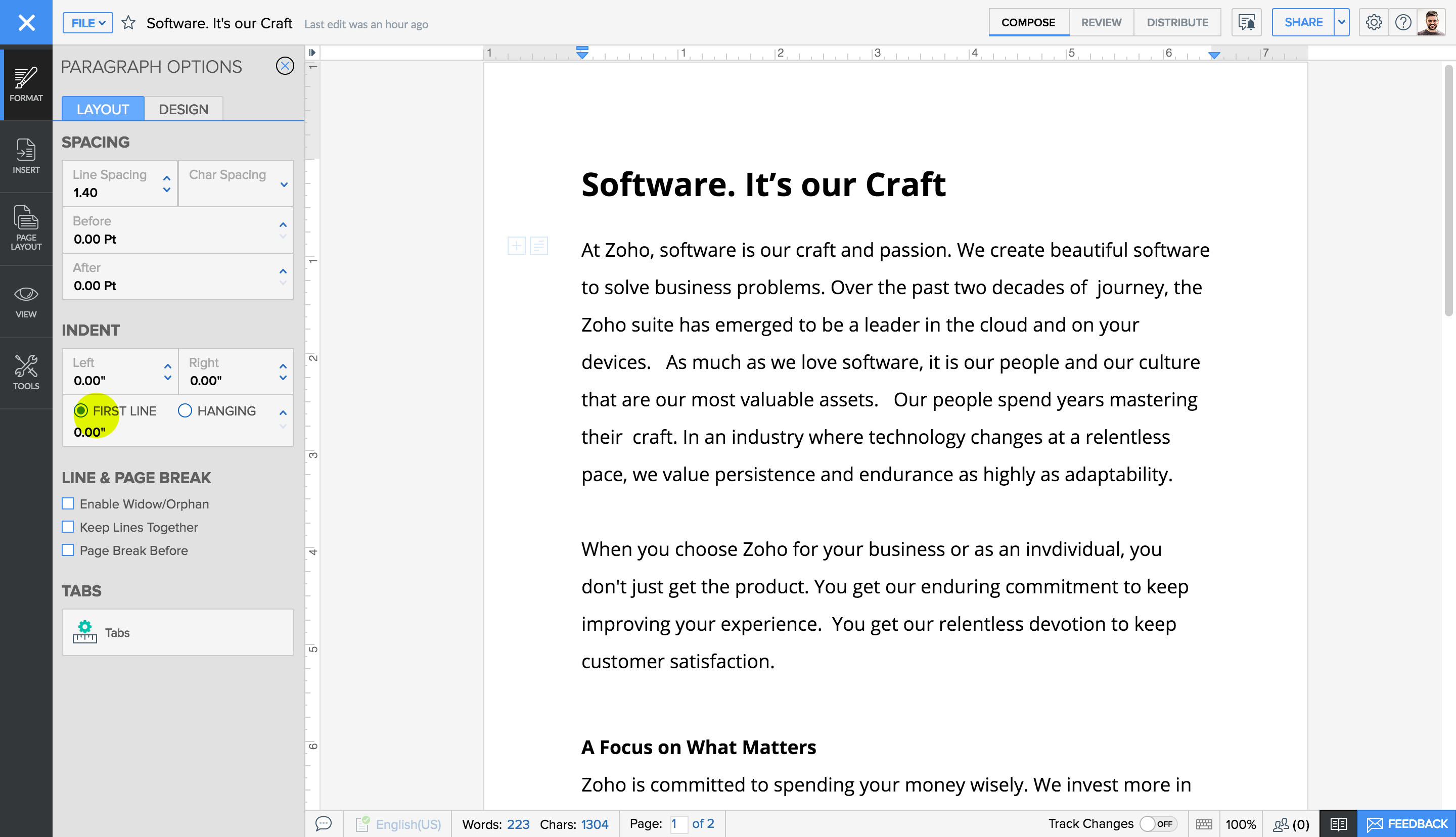 Use first line/hanging indentation